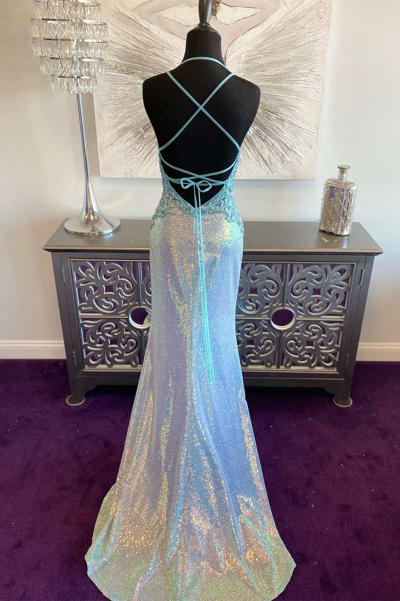 Blue Iridescent Sequin V-Neck Lace-Up Back Mermaid Long Prom Dress Blue Iridescent Sequin V-Neck Lace-Up Back Mermaid Long Prom Dress