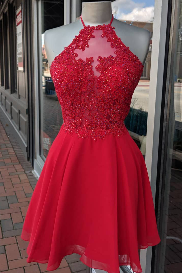 Halter A-Line Red Short Homecoming Dress – Dreamdressy