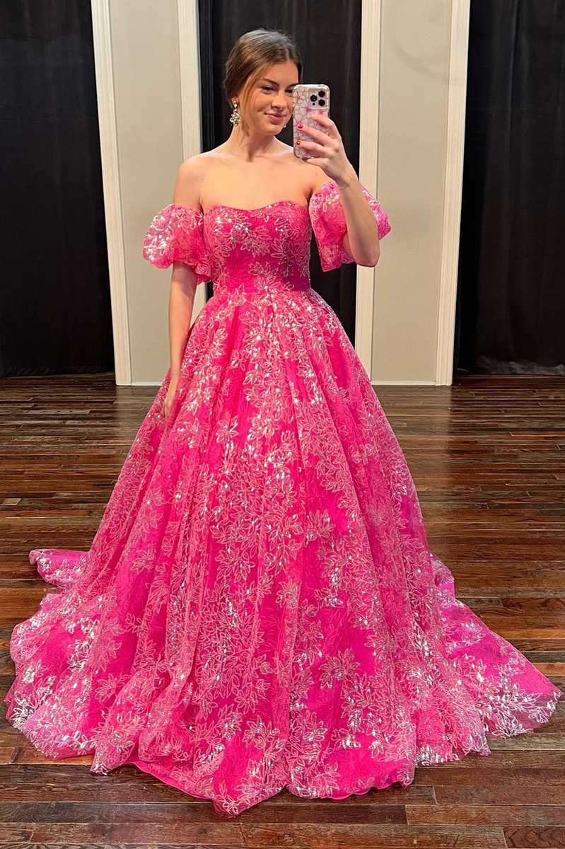 strapless open back dress Hot Pink Floral Lace Strapless Ball Gown with Puff Sleeves