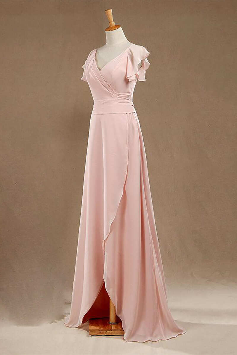 Blush Pink V-Neck Ruffled Long Bridesmaid Dress Dreamdressy Blush Pink V-Neck Ruffled Long Bridesmaid Dress Dreamdressy