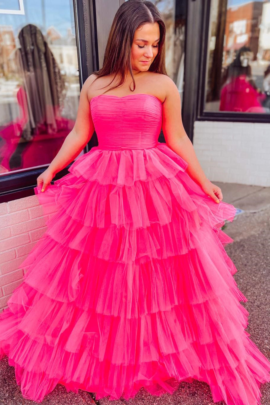 hot pink ruffle prom dress Fuchsia Strapless Layers Pleated Long – Dreamdressy hot pink prom dresses 2024