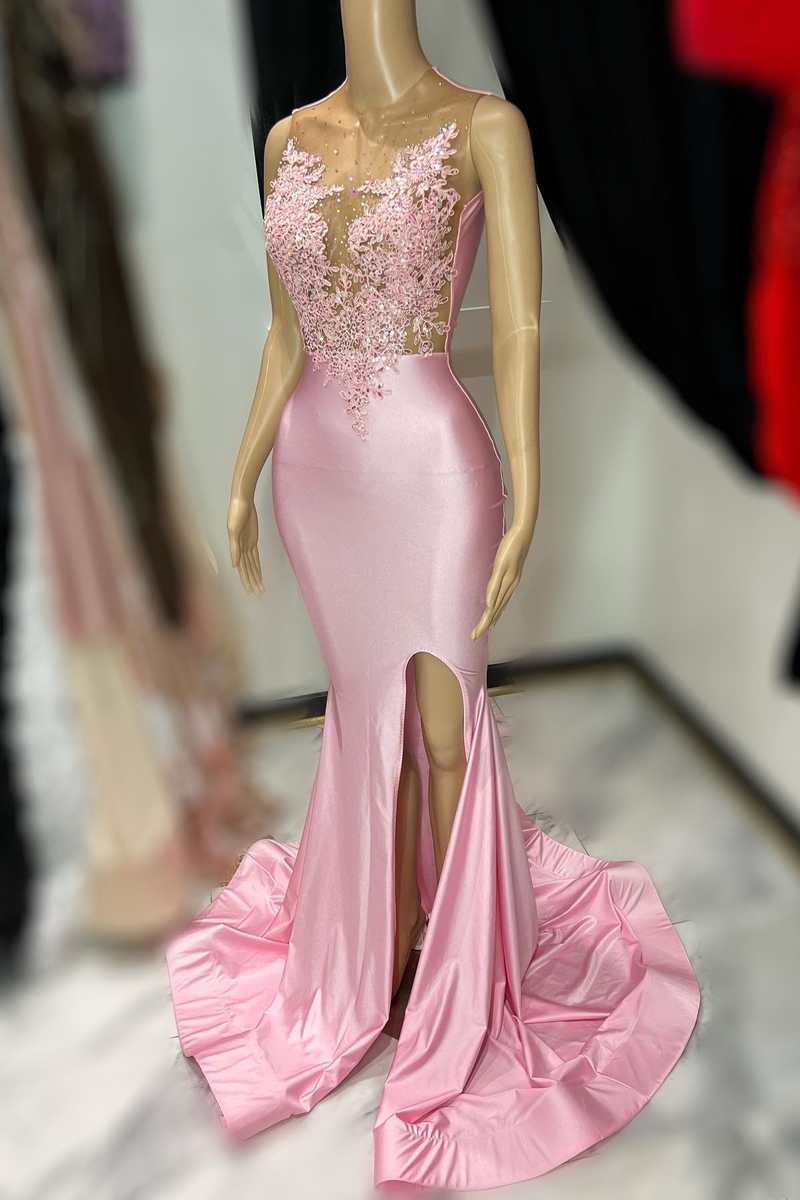 evening formal long dresses Trumpet Hot Pink V-Neck Lace Backless Sleeveless Long Prom Dress – Modsele main image 0