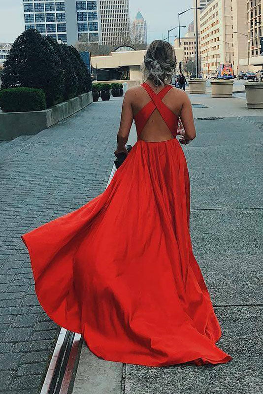 long red v-neck prom dress with side slit V-neck Unique Design Red Color Prom Dresses, Side Slit A-line Newest L ClaireBridal
