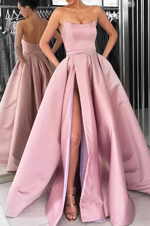 Strapless A-Line Burgundy Long Prom Dress with Slit – Dreamdressy