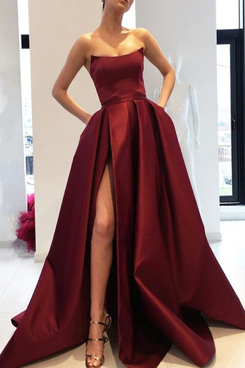 Strapless A-Line Burgundy Long Prom Dress with Slit Dreamdressy Strapless A-Line Burgundy Long Prom Dress with Slit Dreamdressy