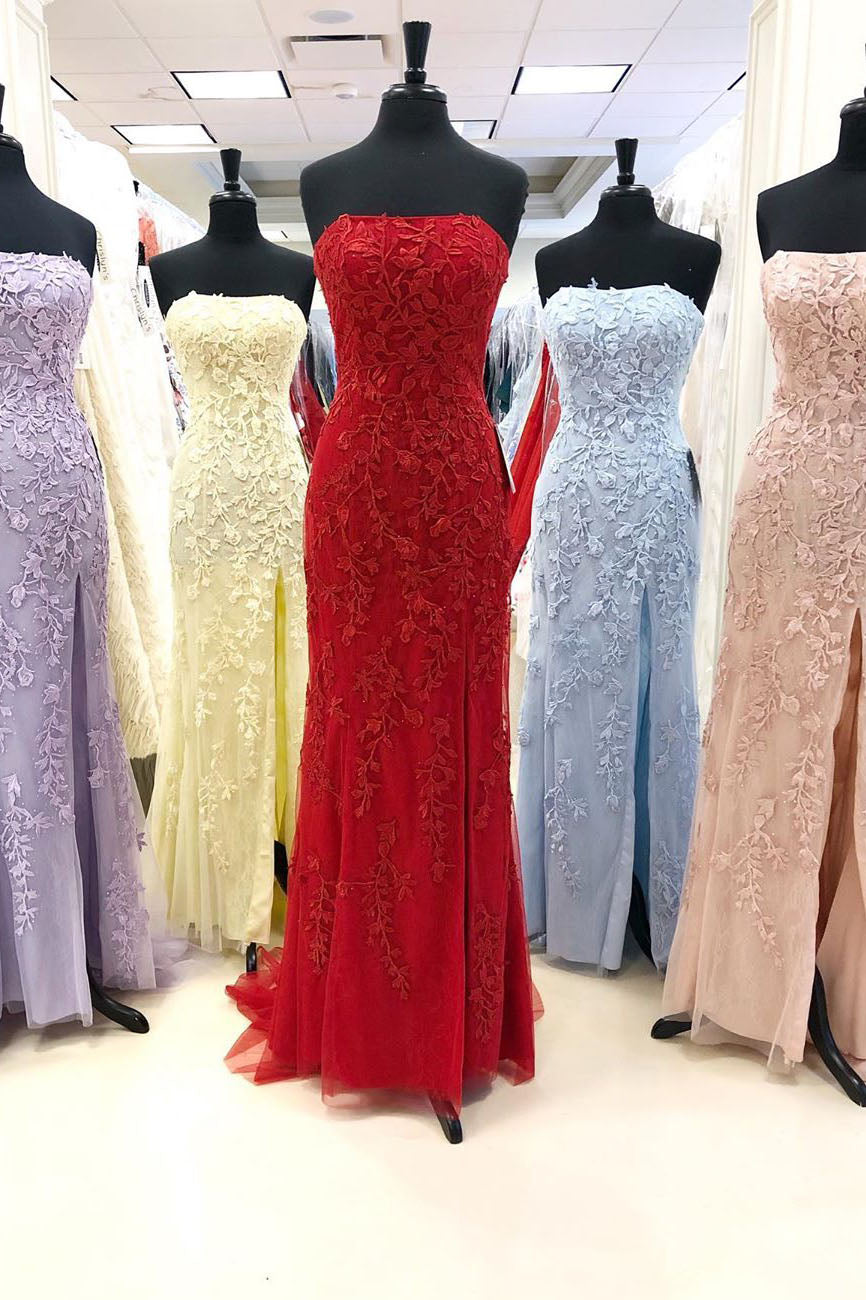 Strapless Light Blue Lace Long Prom Dress with Slit – Dreamdressy