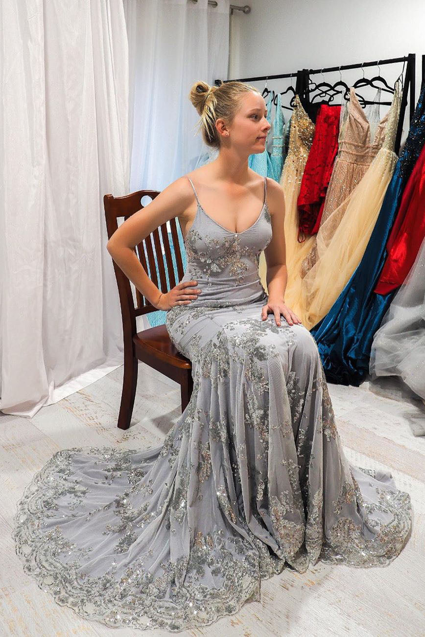 Elegant Mermaid Grey Appliqued Long Prom Dress with Open Back Dreamdressy Elegant Mermaid Grey Appliqued Long Prom Dress with Open Back Dreamdressy