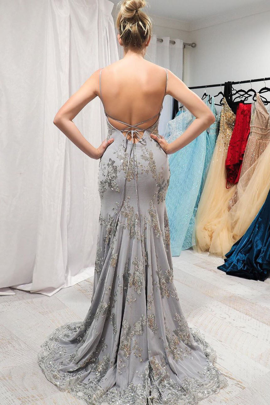 Elegant Mermaid Grey Appliqued Long Prom Dress with Open Back Dreamdressy Elegant Mermaid Grey Appliqued Long Prom Dress with Open Back Dreamdressy