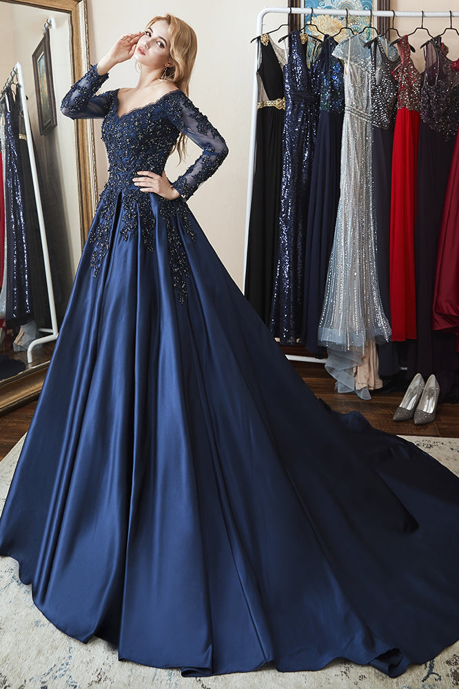 Ball Gown Long Sleeves Off Shoulder Beaded Navy Blue Prom Dress Ball Gown Long Sleeves Off Shoulder Beaded Navy Blue Prom Dress