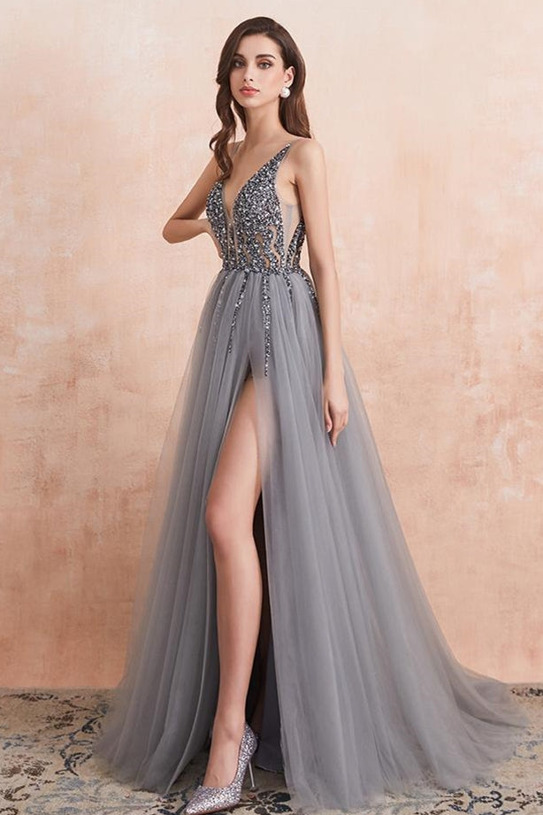 green emerald velvet dress Mermaid Deep V-Neck Sweep Train Grey Tulle Prom Dress US6 / Custom Color main image 0