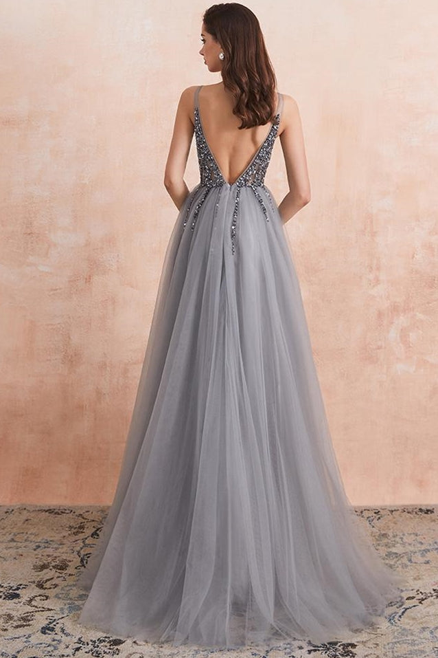 Sexy Beaded V Neck Grey Long Formal Dress – Dreamdressy Sexy Beaded V Neck Grey Long Formal Dress – Dreamdressy