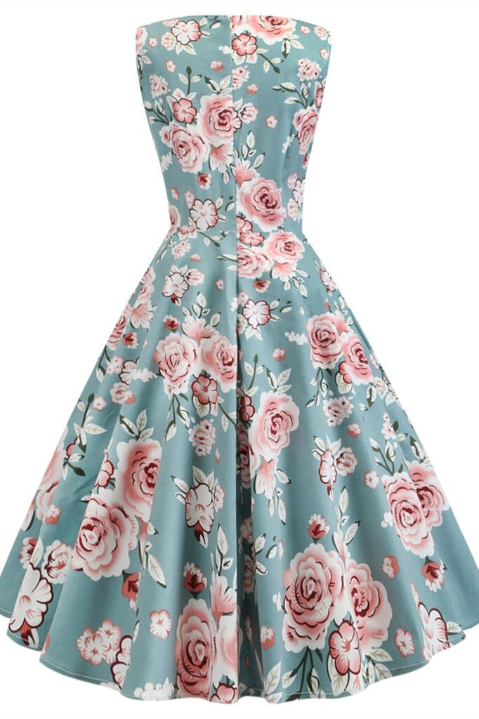 1950s Vintage Sleeveless Blue Floral Dress Dreamdressy 1950s Vintage Sleeveless Blue Floral Dress Dreamdressy