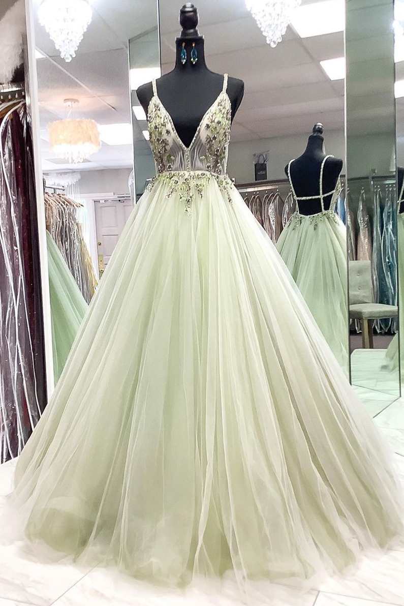 A-Line Beaded Sage Green Tulle Prom Dress Dreamdressy A-Line Beaded Sage Green Tulle Prom Dress Dreamdressy
