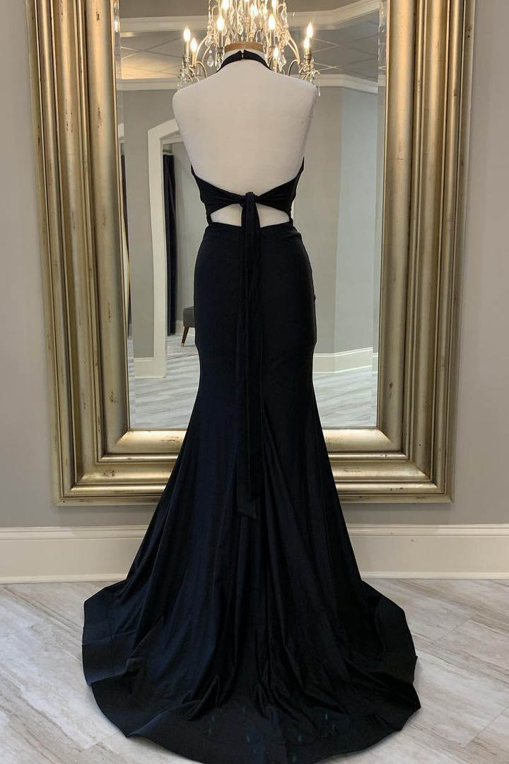black halter dress prom Black Halter Cutout Mermaid Long Prom Dresses with Slit Black / 14