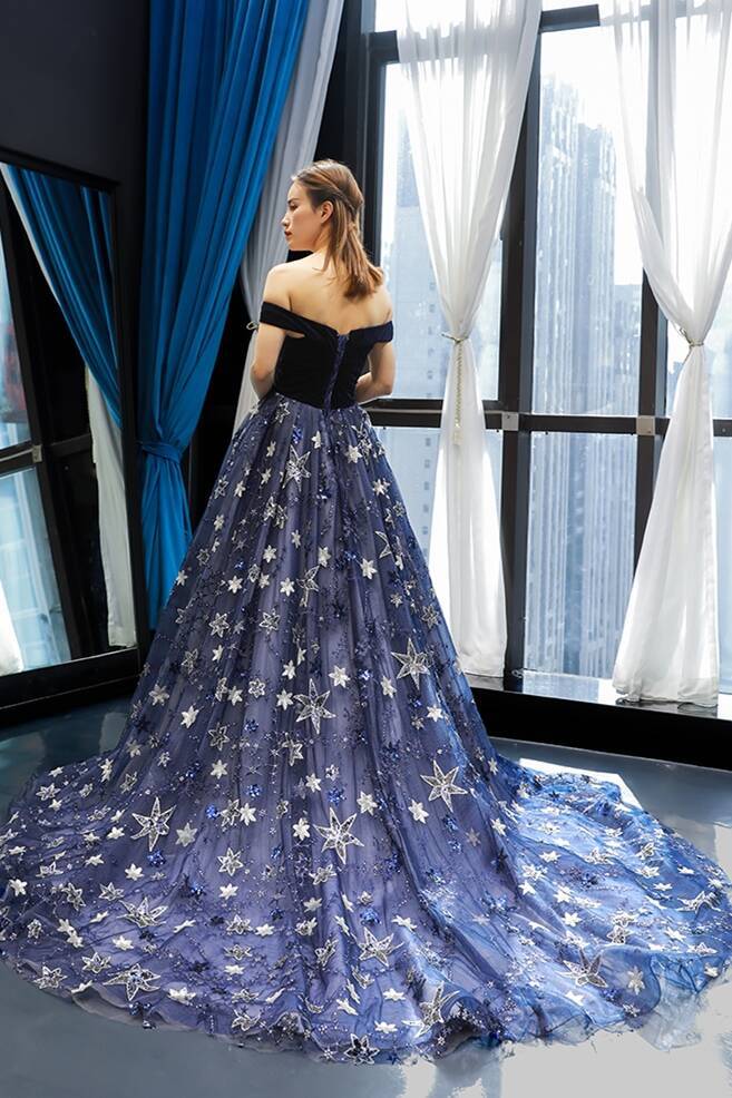 Elegant Off the Shoulder Navy Blue Prom Dress Elegant Off the Shoulder Navy Blue Prom Dress