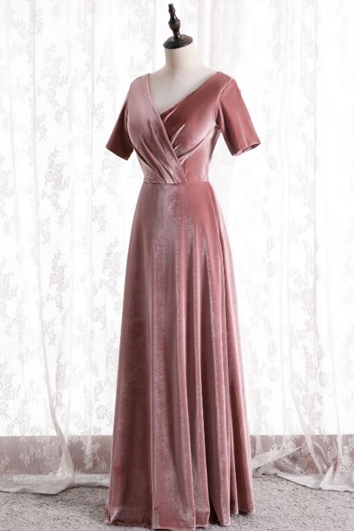 velvet party dress Blush Velvet Long Party Dress with Short Sleeves – Dreamdressy