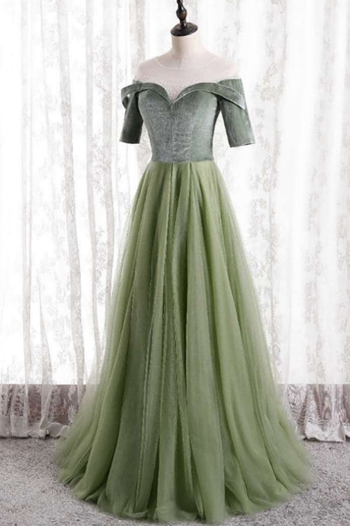 Short Sleeves Sage Green Long Formal Dress – Dreamdressy