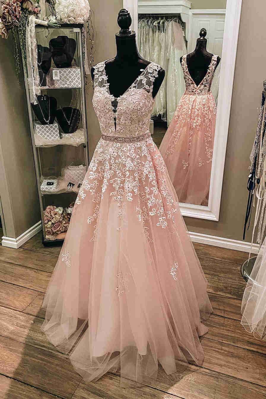 V-Neck Sleeveless Pink Prom Dress with Embroidery V-Neck Sleeveless Pink Prom Dress with Embroidery