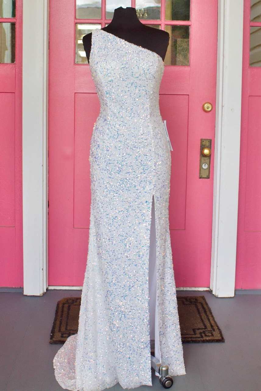 white one shoulder long sleeve sequin dress One Shoulder White Sequins Long Formal Gown – Dreamdressy