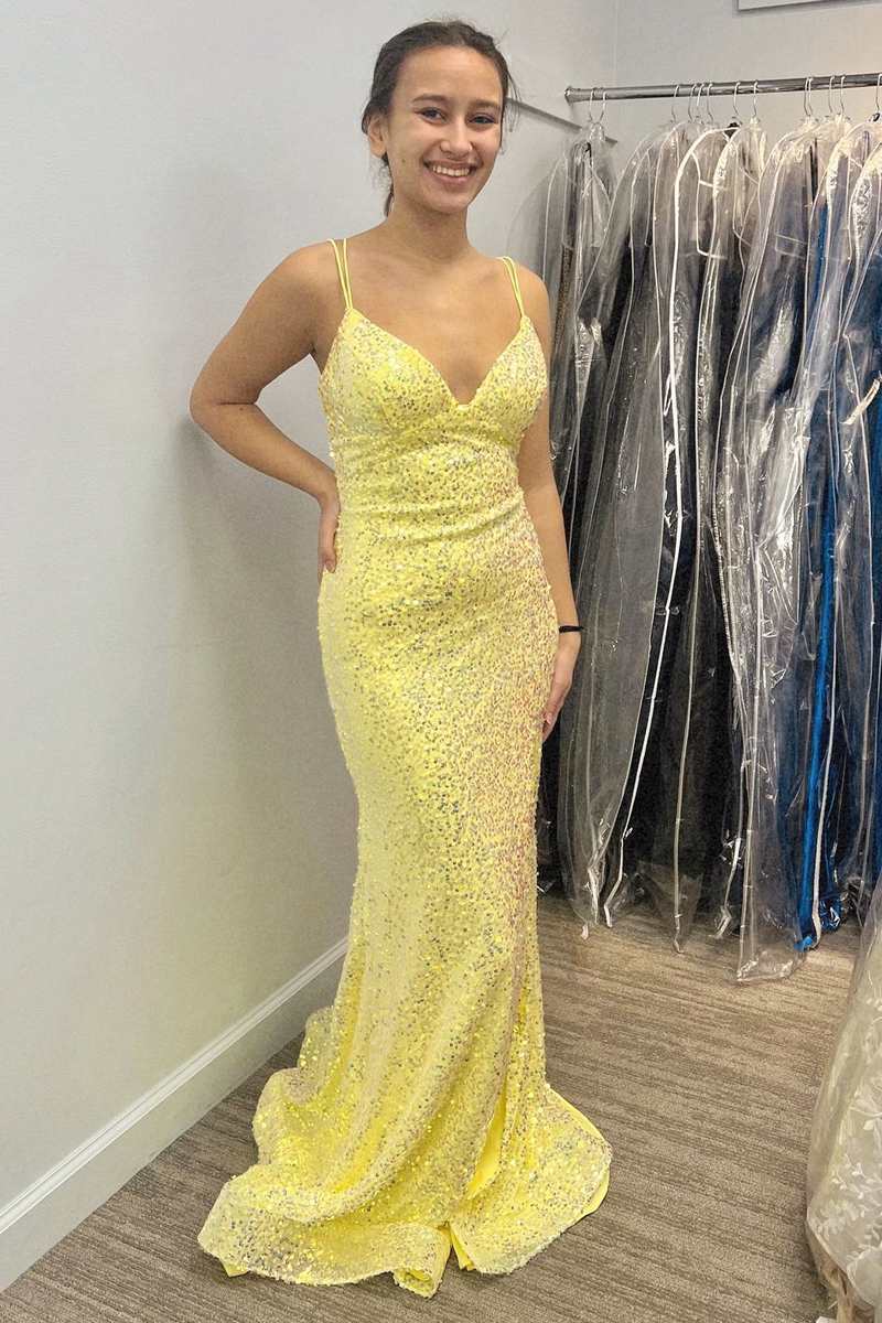 Yellow Sequin V-Neck Lace-Up Back Long Prom Dress with Slit – Dreamdressy