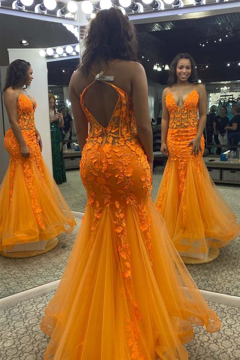 Orange Appliques V-Neck Backless Mermaid Long Prom Dress Orange Appliques V-Neck Backless Mermaid Long Prom Dress