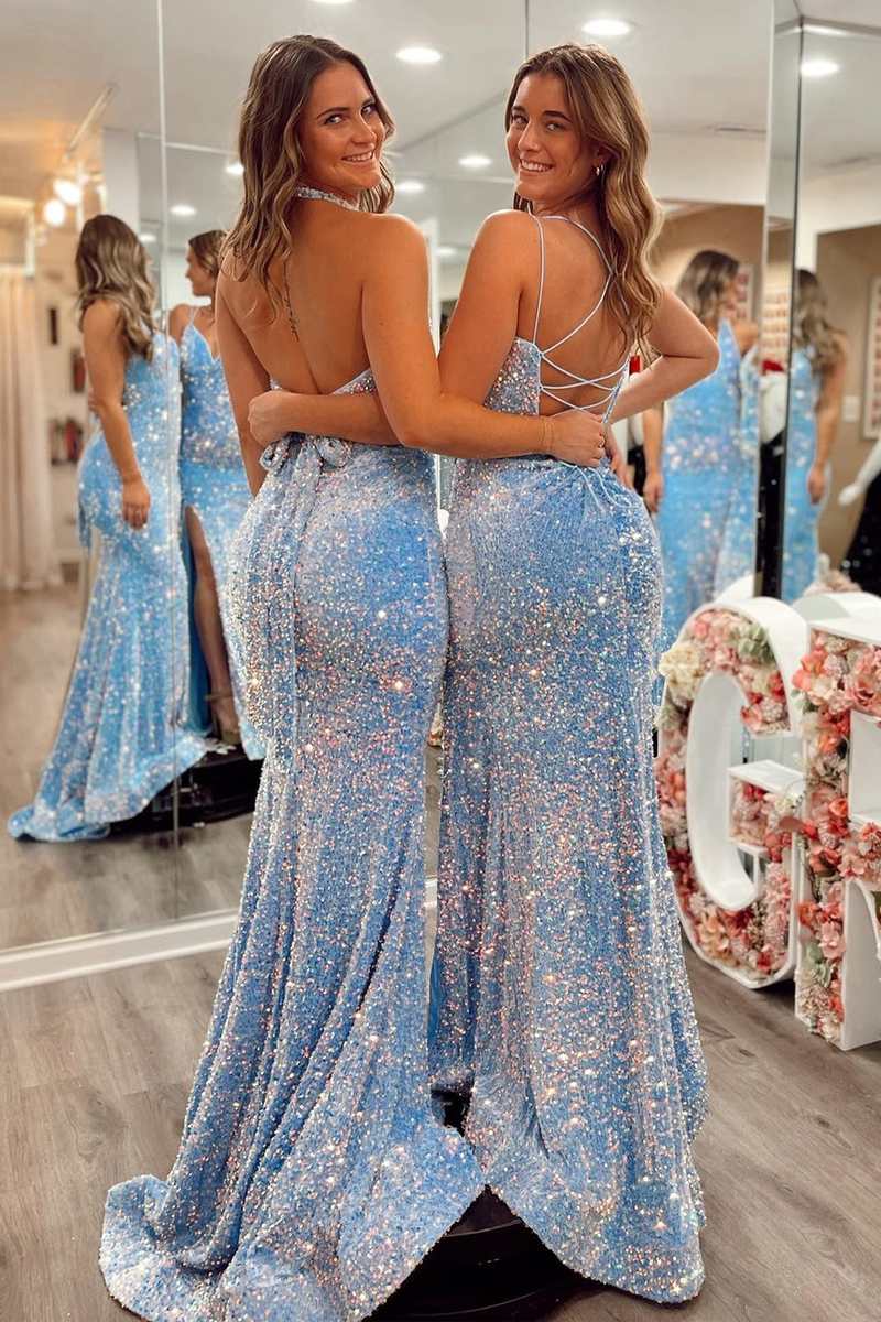 Iridescent Sequin Blue Sparkly Bodycon Dress Blue Iridescent Sequin Mermaid  Long Prom Dress