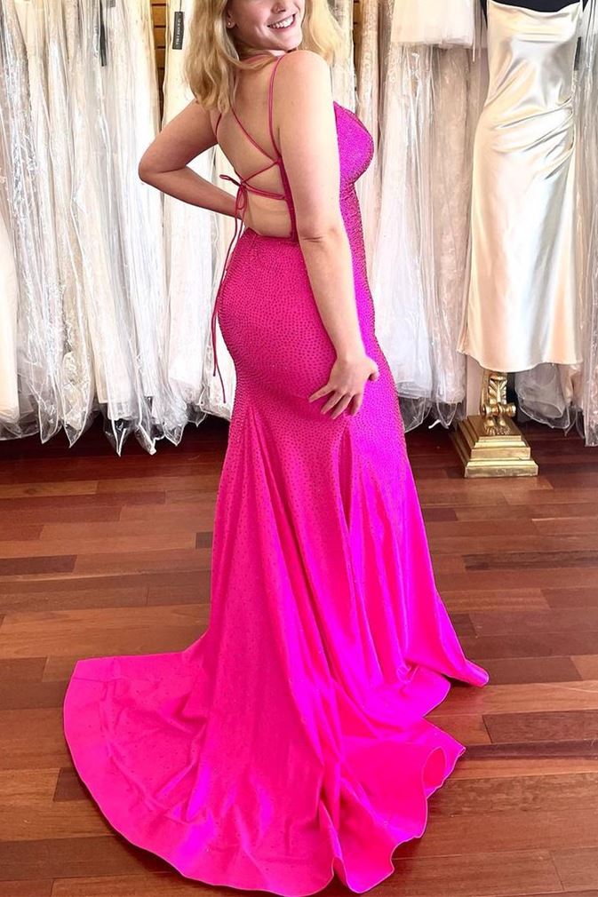 hot pink beaded dress Fuchsia Halter Mermaid Beaded Prom Dress With Split, Fuchsia / 4
