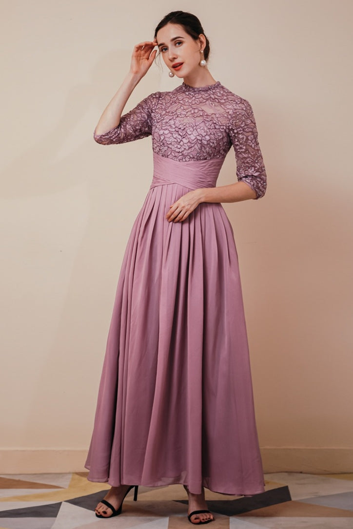 mauve lace dress Mauve Lace Maxi Dress with Tulle Detail