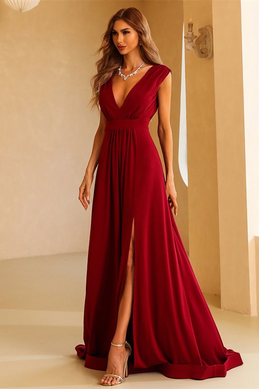 Sexy Red A-line Deep V Neck Long Party Dress Dreamdressy Sexy Red A-line Deep V Neck Long Party Dress Dreamdressy