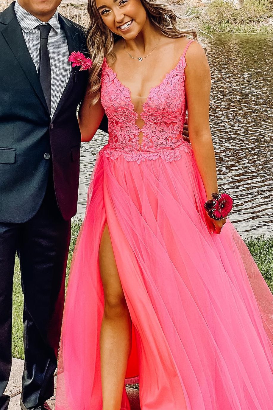 green emerald velvet dress Hot Pink V Neck Prom Dress With Rhinestone Beading And Open Lace Back main image 1