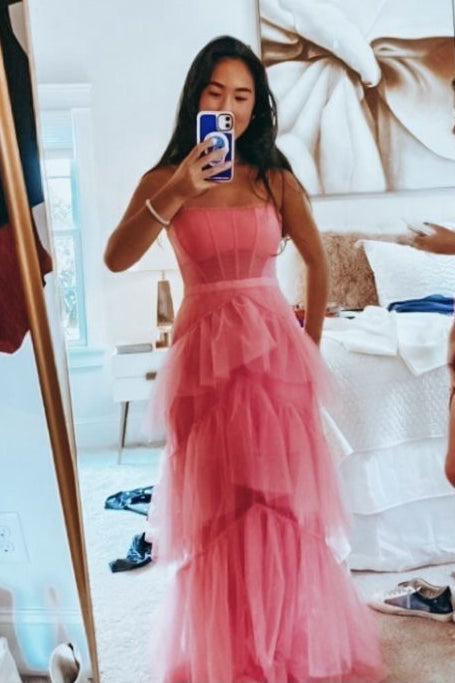 princess hot pink tiered tulle prom dress Princess Hot Pink Tulle Tiered Long Dress