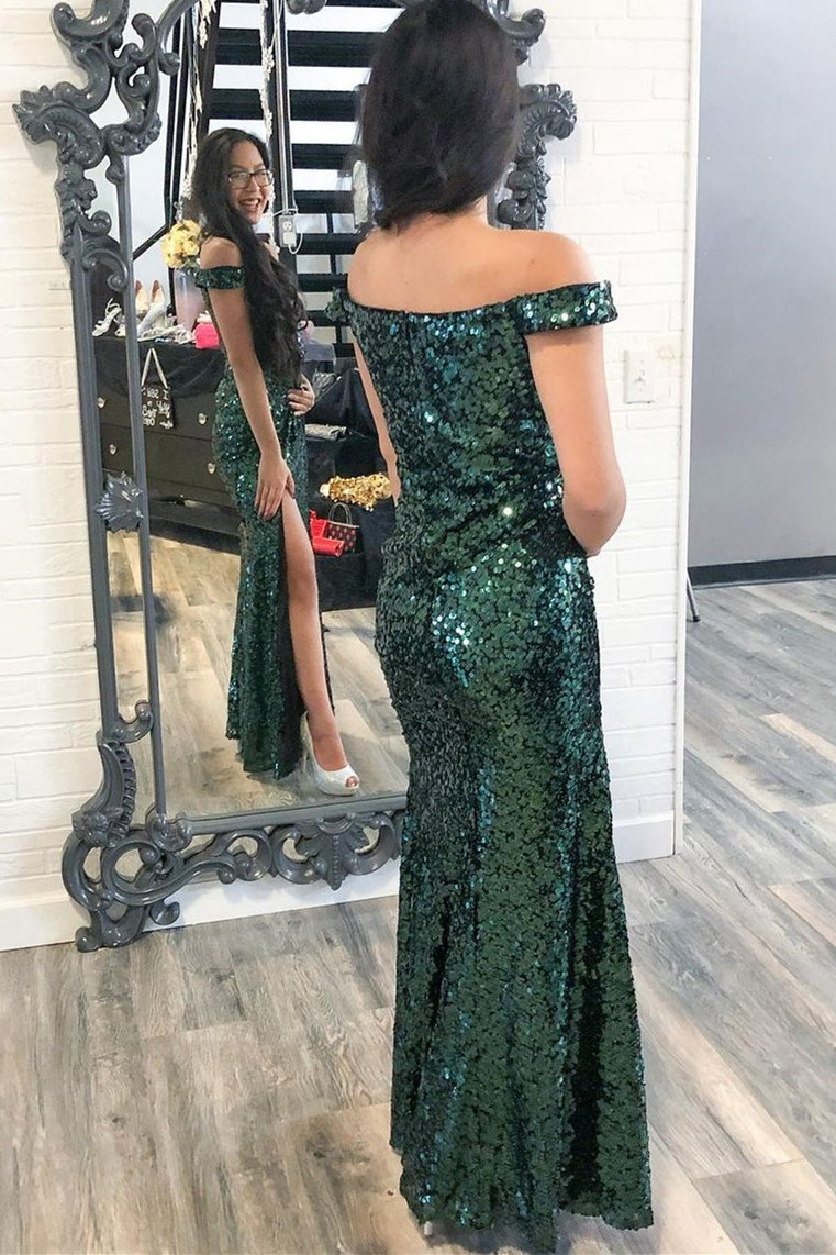 Dark Green Sequin Off the Shoulder Mermaid Long Prom Dress Dark Green Sequin Off the Shoulder Mermaid Long Prom Dress