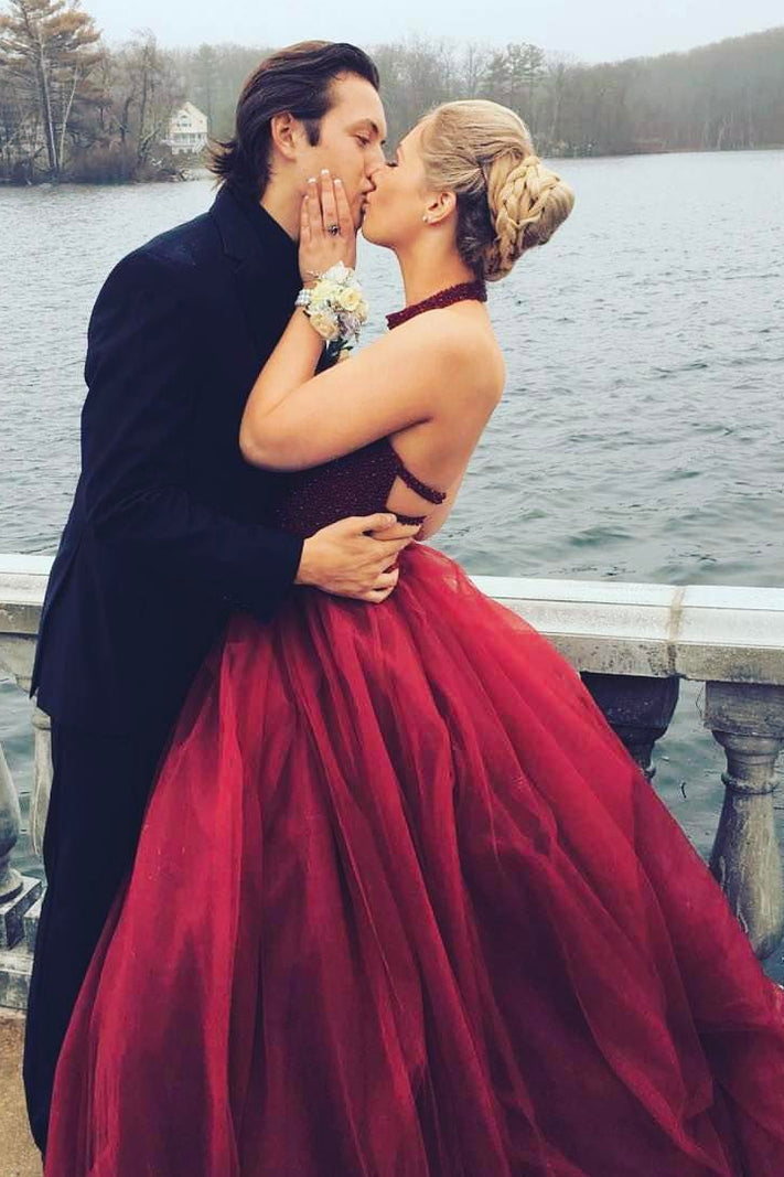 red tulle halter dress Beaded Halter Tulle Ball Gown 49540