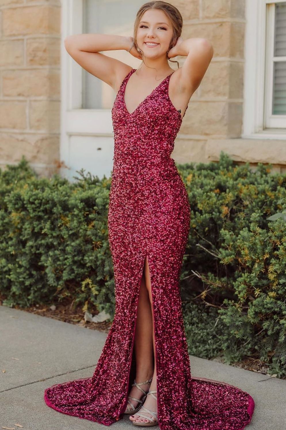 chinese dress ladies Fuchsia Sequins Mermaid Long Formal Dress with Slit – Dreamdressy