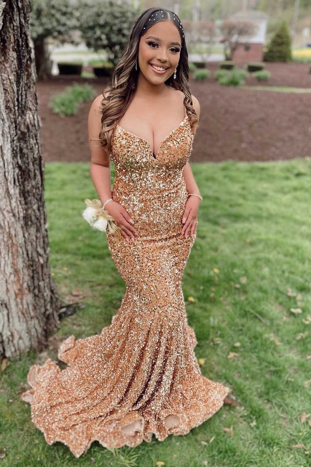 gold sequin mermaid dress Unique Patterned Sequin Gold V-neck Mermaid Dress