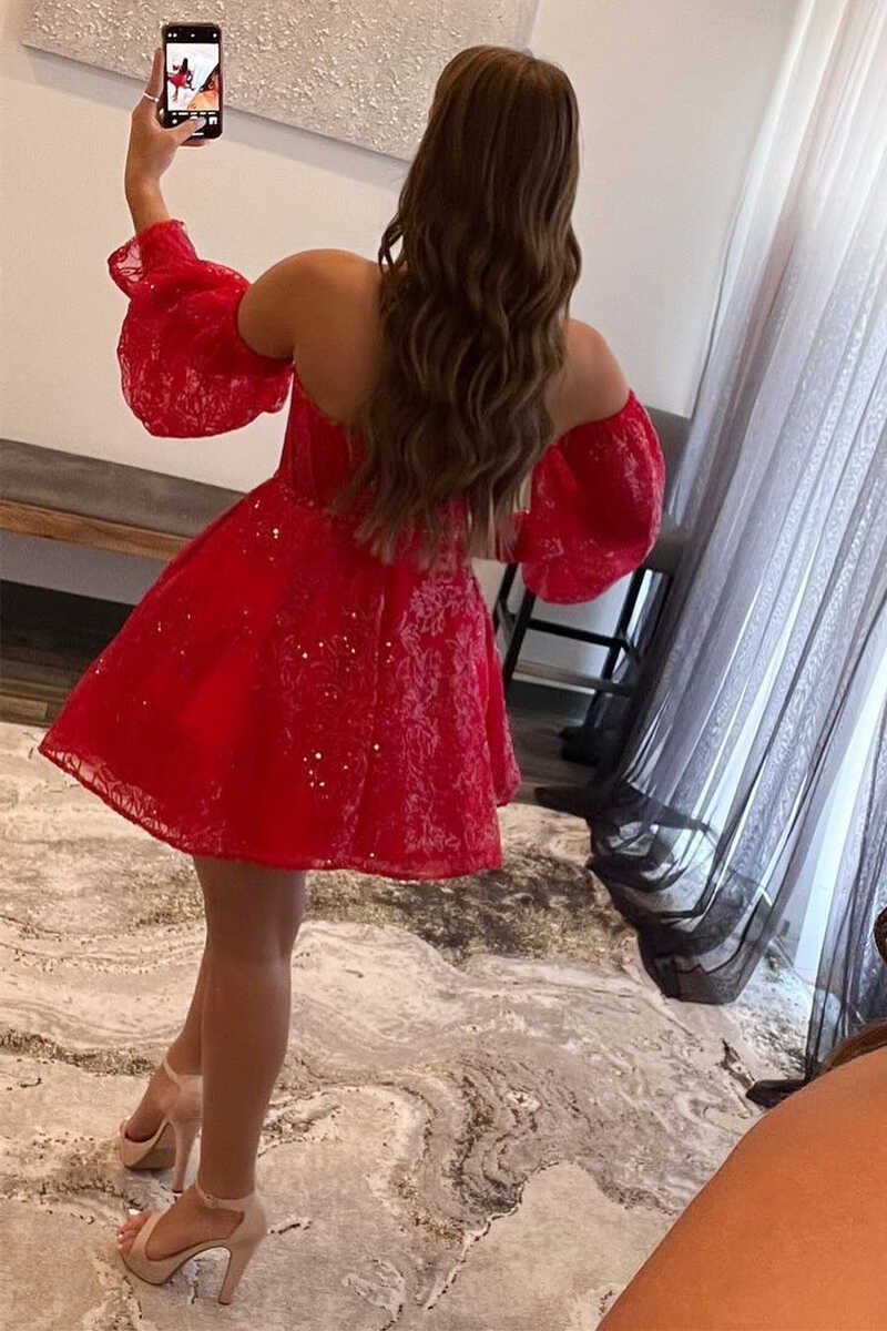 Red Sequin Strapless Short Party Dress with Removable Sleeves – Dreamdressy
