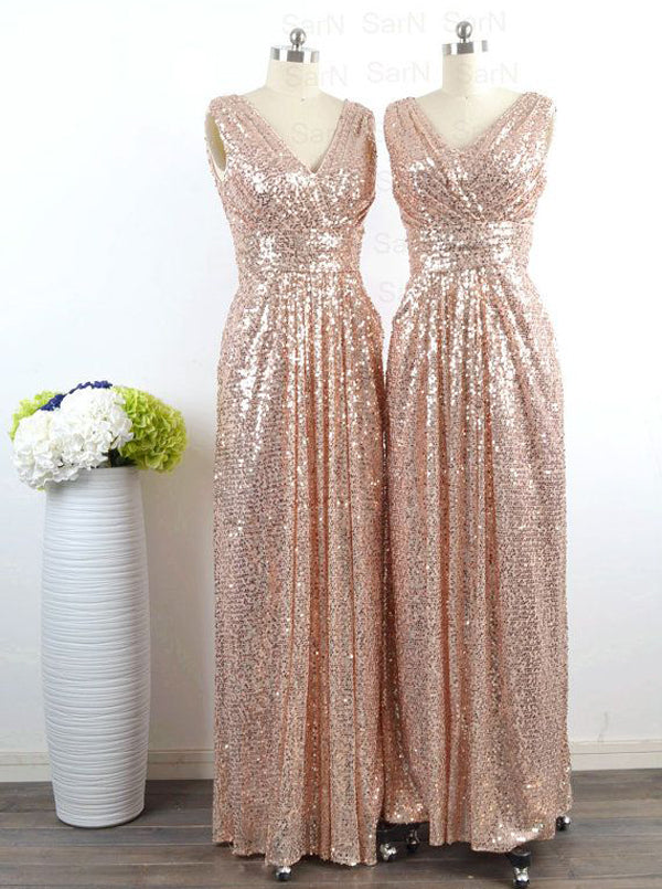 slim fit dress slacks Elegant V-Neck Floor Length Sequins Gold Bridesmaid Dress – Dreamdressy