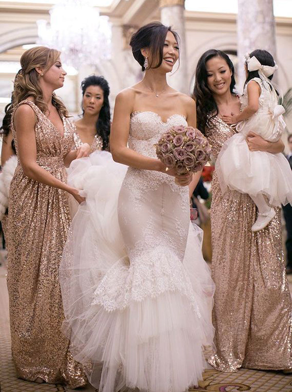 Elegant V-Neck Floor Length Sequins Gold Bridesmaid Dress – Dreamdressy