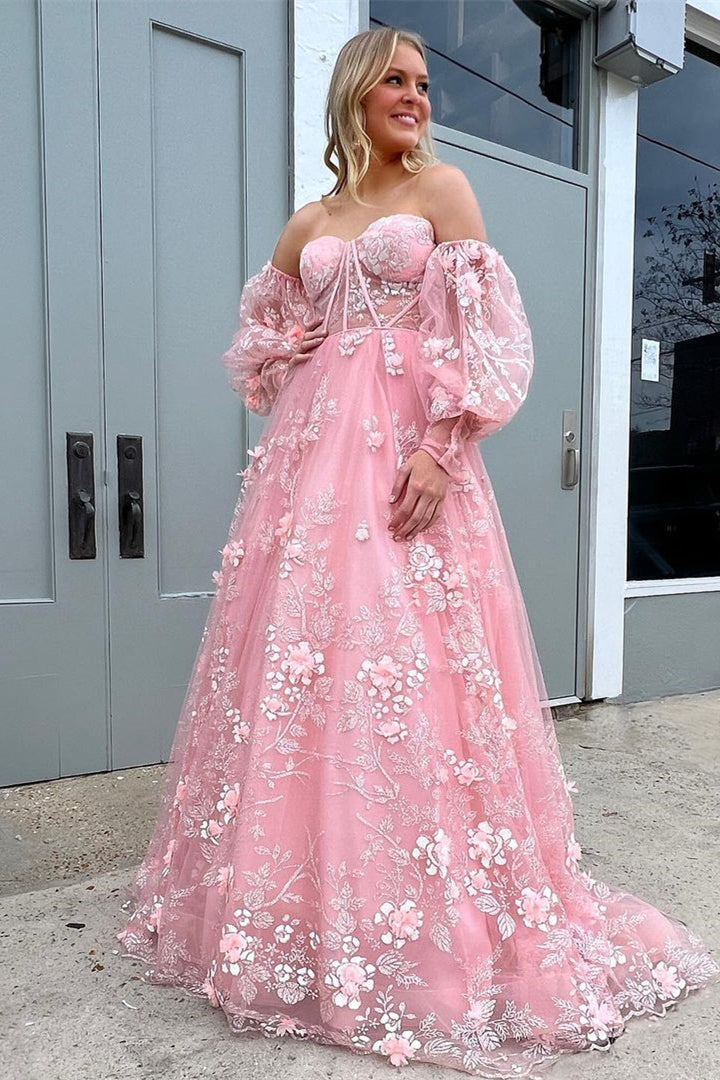 Blue 3D Floral Lace Sweetheart A-Line Prom Dress with Balloon Sleeves Dreamdressy Blue 3D Floral Lace Sweetheart A-Line Prom Dress with Balloon Sleeves Dreamdressy