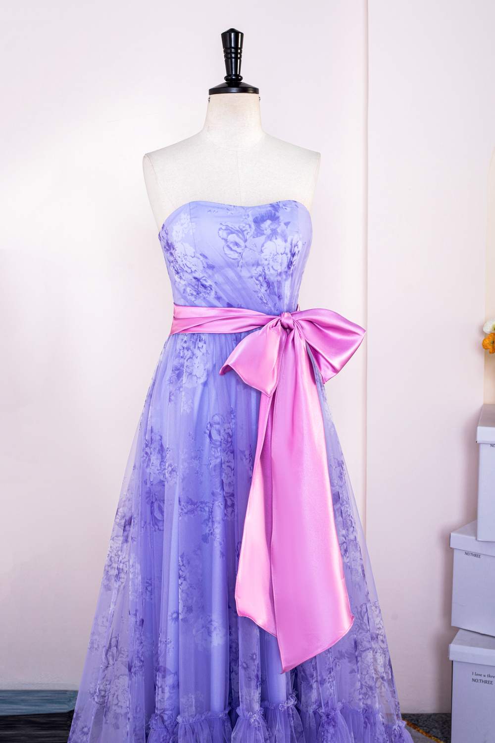 Lavender Floral Strapless Ruffled Long Prom Dress with Bow Sash