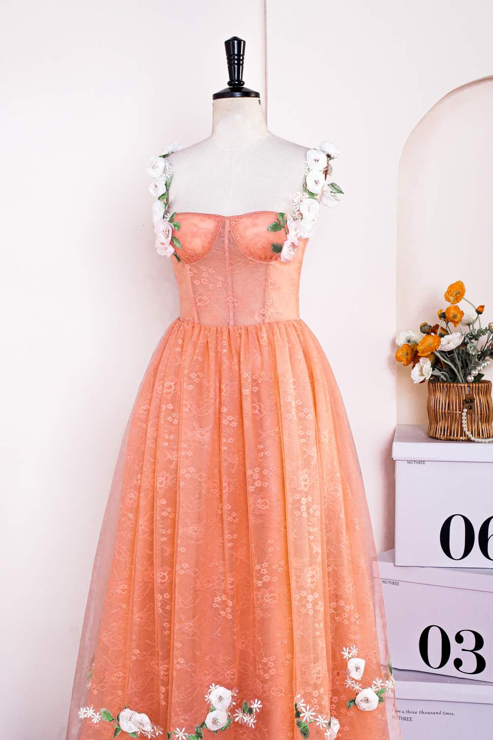 Orange Floral Straps A-line Embroidery Long Prom DressOrange Floral Straps A-line Embroidery Long Prom Dress