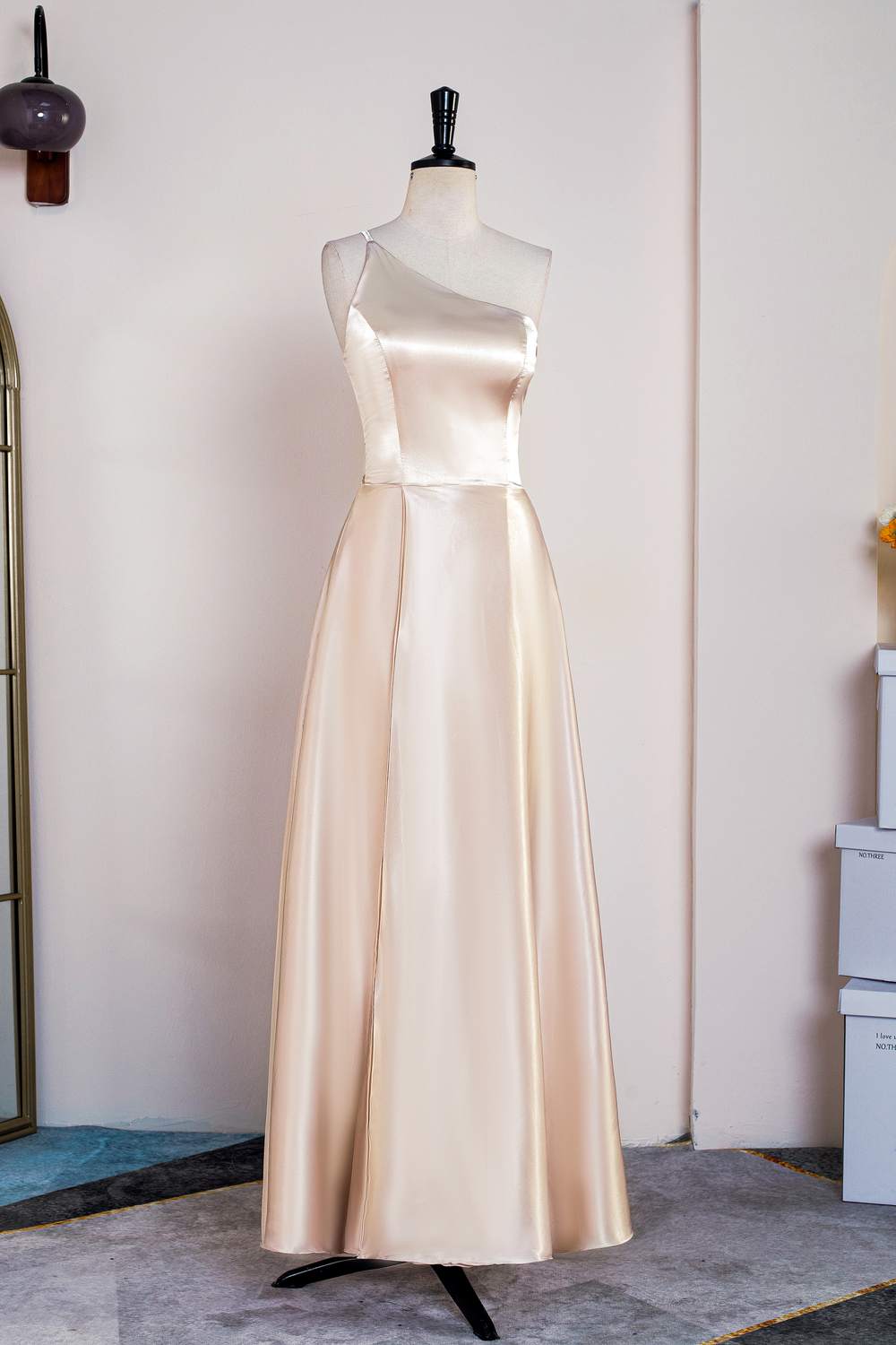 champagne one shoulder dress Champagne One Shoulder A-line Satin Tea Length Bridesmaid Dress –  Dreamdressy