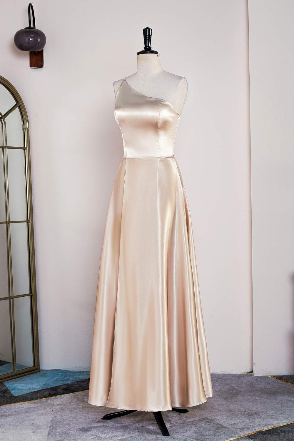 Champagne One Shoulder A-line Satin Tea Length Bridesmaid Dress Dreamdressy Champagne One Shoulder A-line Satin Tea Length Bridesmaid Dress Dreamdressy