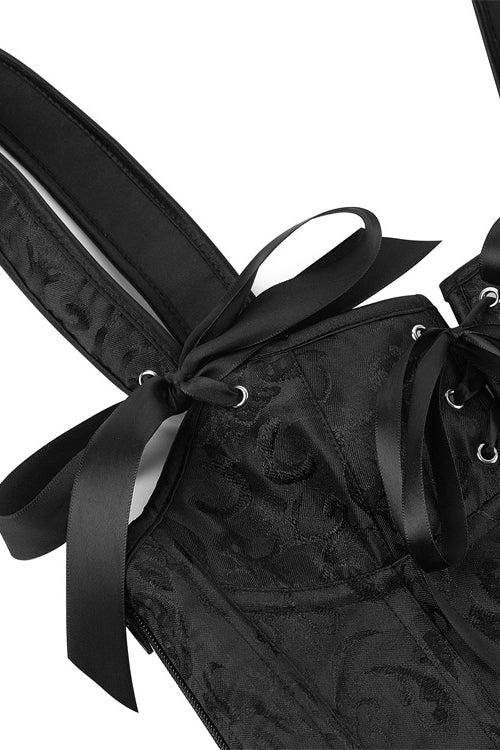 Black Straps Floral Prints Lace-Up Bustier Corset Top with Skirt