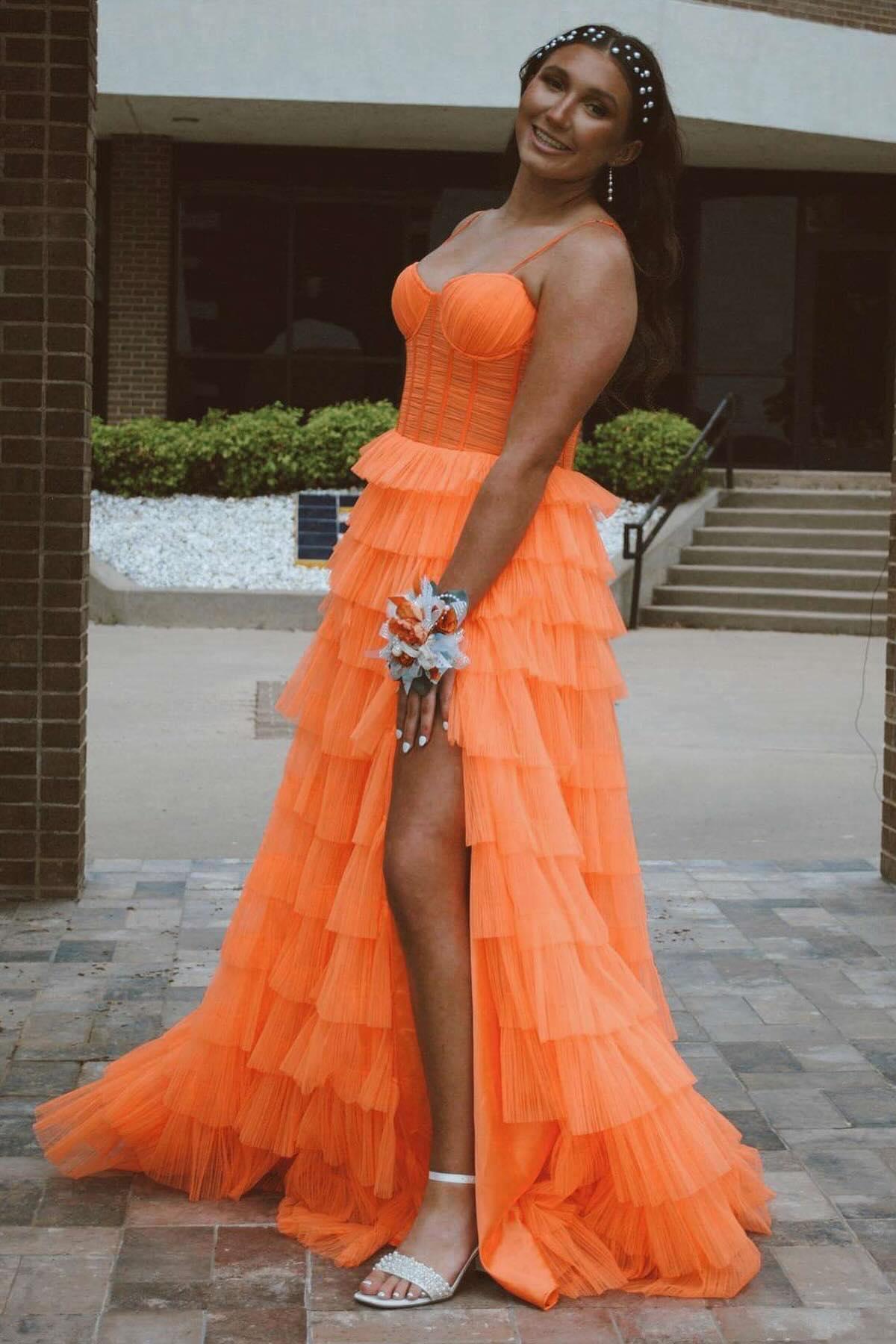 Straps Orange Tulle Corset Tiered Ruffle Long Formal Dress Dreamdressy Straps Orange Tulle Corset Tiered Ruffle Long Formal Dress Dreamdressy