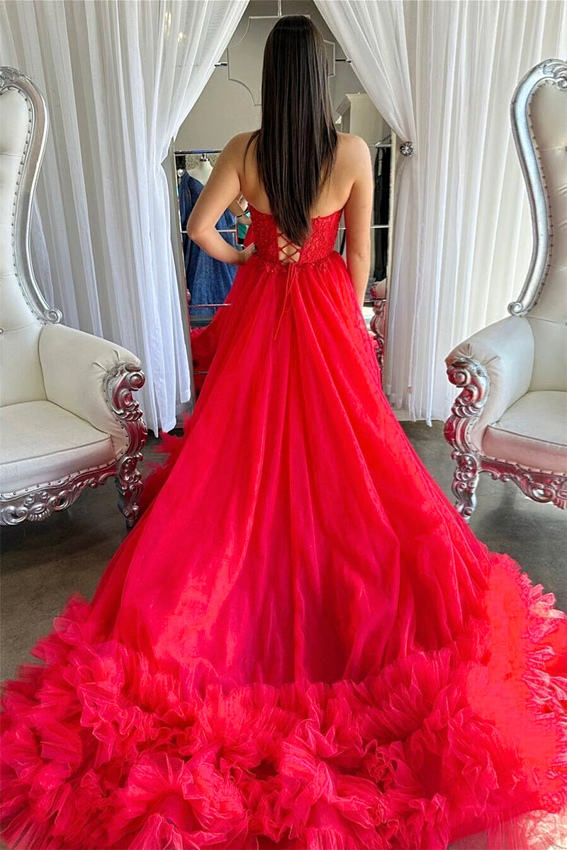 Red Floral Strapless A-line Ruffle Layers Long Prom Dress – Dreamdressy
