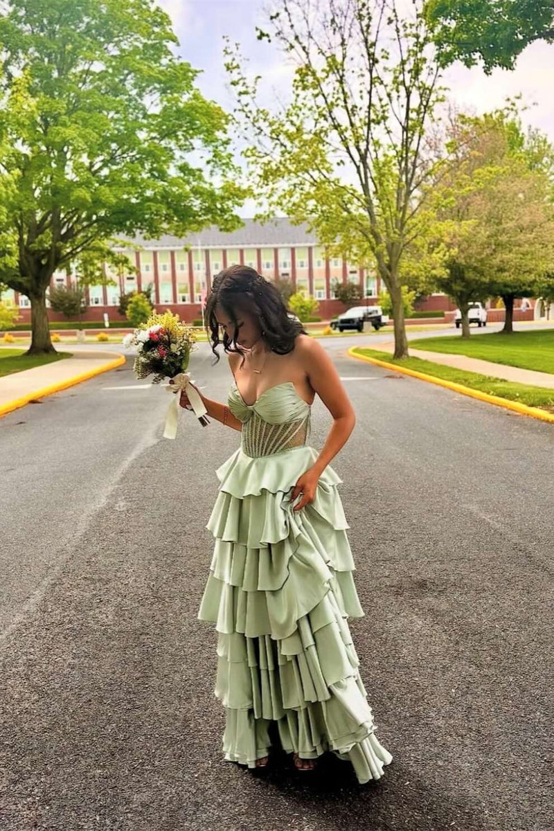Corset Sage Beaded A-line Tiered Ruffle Formal Dress  Dreamdressy