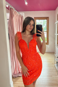 Orange Plunging V Neck Sequins Sheath Homecoming Dress with Feathers