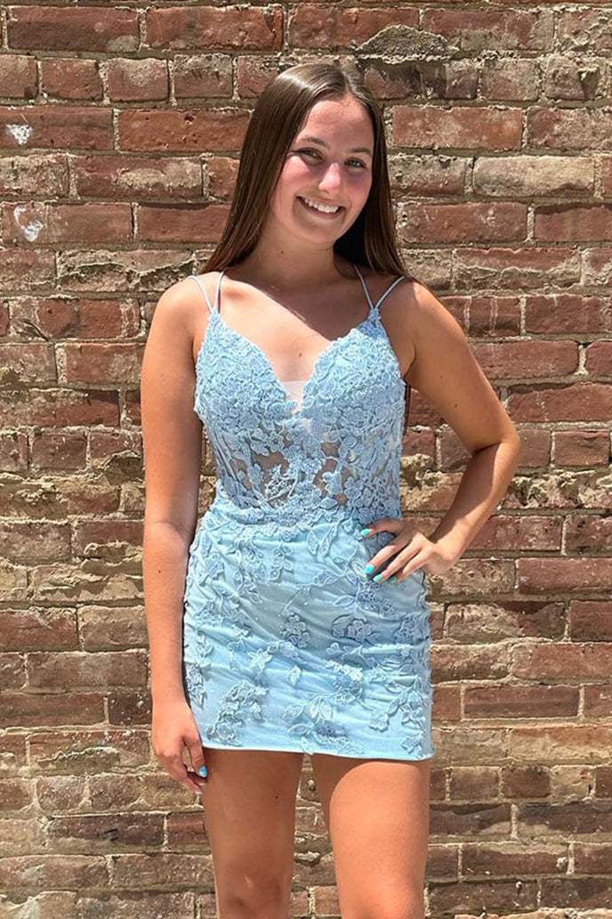 light teal homecoming dresses Strappy-Back Short Teal Homecoming Dress with Glitter– PromGirl main image 1