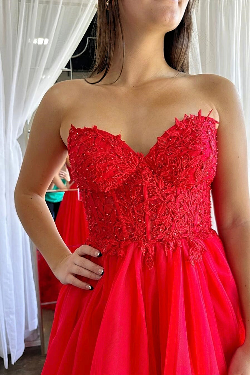 Red Floral Strapless A-line Ruffle Layers Long Prom Dress Red Floral Strapless A-line Ruffle Layers Long Prom Dress